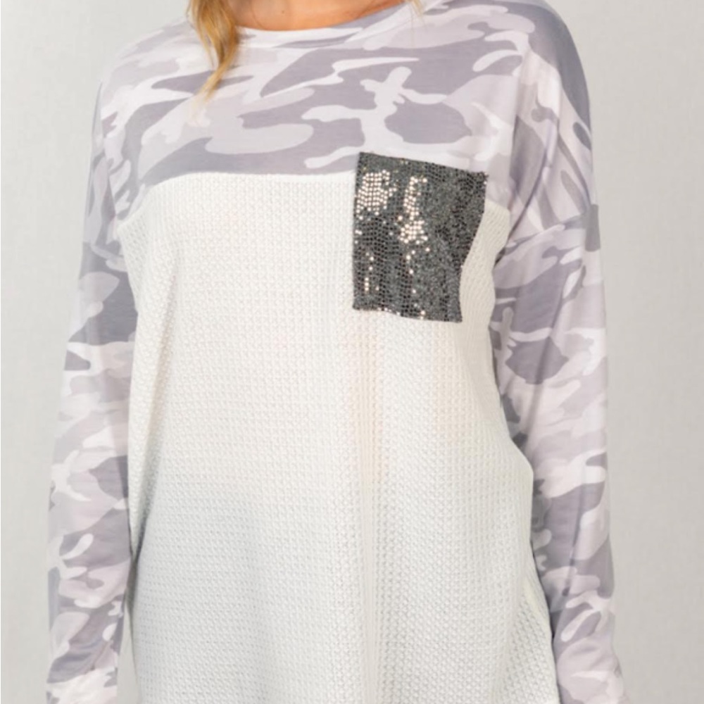 White Birch Camo & Sequins Long Sleeve Top NWOT
